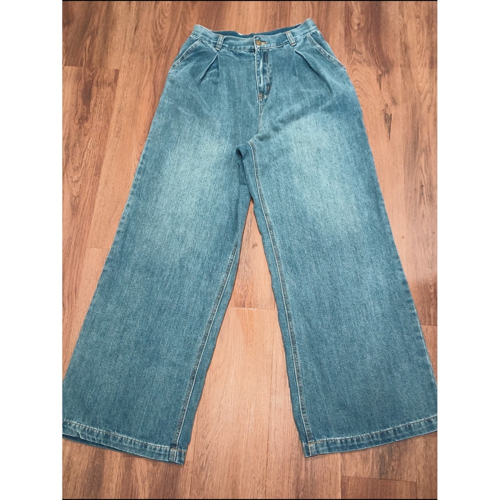 Sage The Label Retro Pleated Front Wide-Leg High-Rise Jeans in Med Wash Sz M
